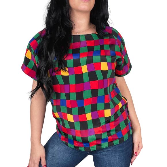 Impressions 1980s Vintage Rainbow Checkered Short Sleeve Blouse Retro Medium - Picture 1 of 8